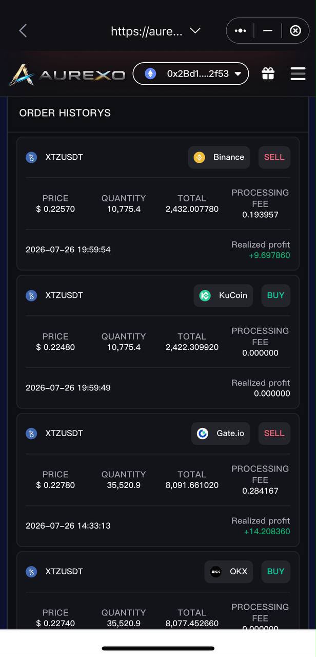 Aurexo Mobile — XTZ Arbitrage on Binance & KuCoin